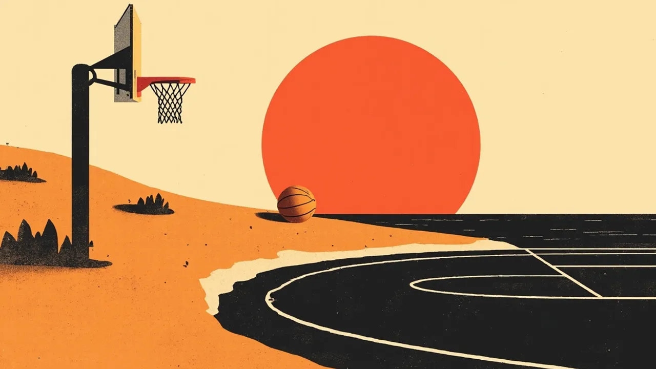 A coastal West African savanna landscape at dawn where a basketball rests on the horizon, with a single hoop and free-throw court lines integrated into a sandy bluff.