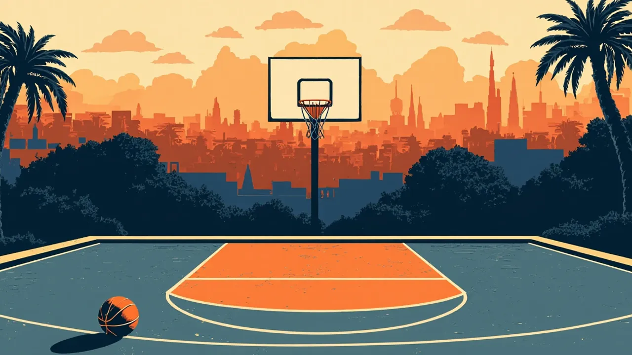 Un paysage urbain crépusculaire entoure un terrain de basket éclairé, où un ballon repose au centre sous un panier.