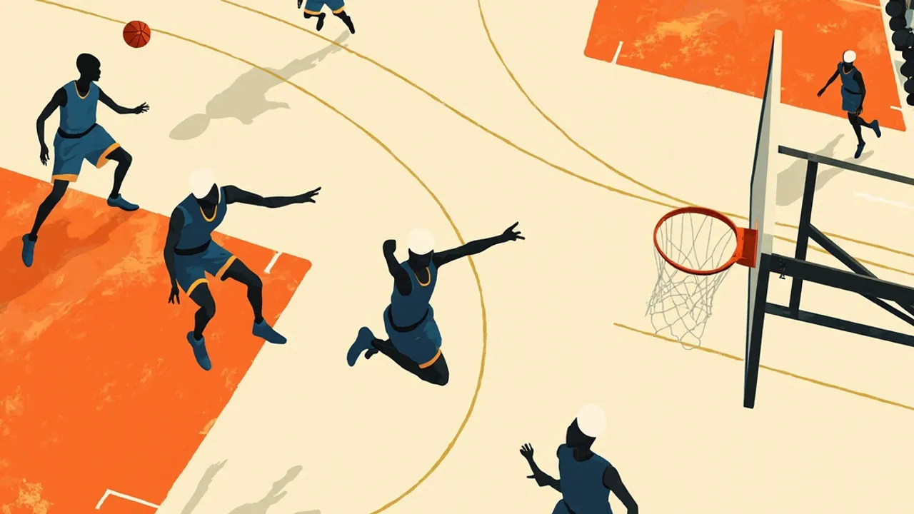Quatre silhouettes sans visage sur un terrain de basket, l'une en plein saut pour tirer vers le panier pendant qu'une défenseuse conteste et que les coéquipières suivent l'action.