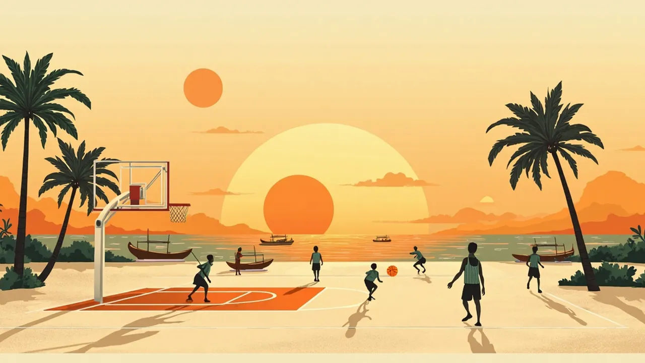 West African beach for sunset, wey sun get shape like basketball, with palm trees, pirogue for water, and sand half-court wey som players without face dey train.