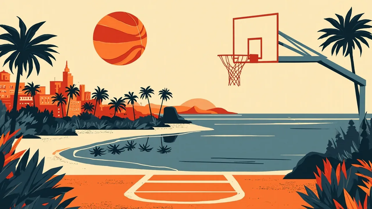 Une vue stylisée d'une ville côtière au crépuscule avec des palmiers et une lagune, un ballon de basketball orange se levant comme le soleil, et un demi-terrain de basketball avec un panier s'ouvrant sur l'eau.