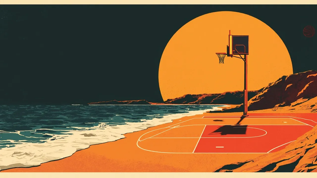A floodlit outdoor basketball court built on a West African coastal cliff at dusk, a ball rising above the rim against the ocean sunset.