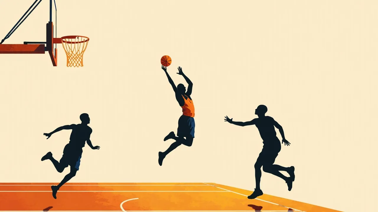 Action scene of three faceless silhouettes playing basketball, with one taking a contested jump shot near the rim on an indoor court.