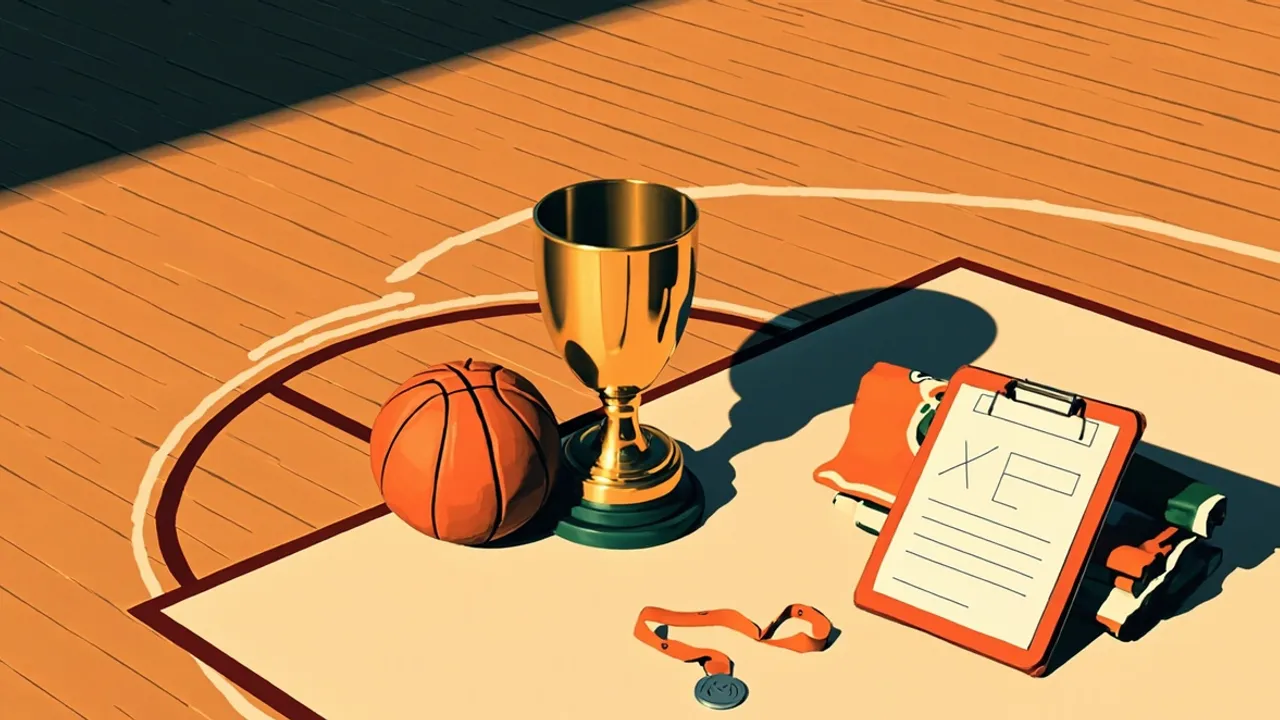 Still life of a basketball championship: golden trophy, ball, jersey, clipboard and medal arranged on a hardwood court.
