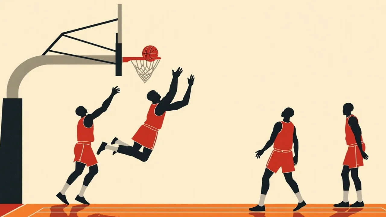 A flat, poster-style scene of faceless red-kitted silhouettes in mid-action under a hoop, one figure dunking a single basketball through a white net on a lined hardwood court.