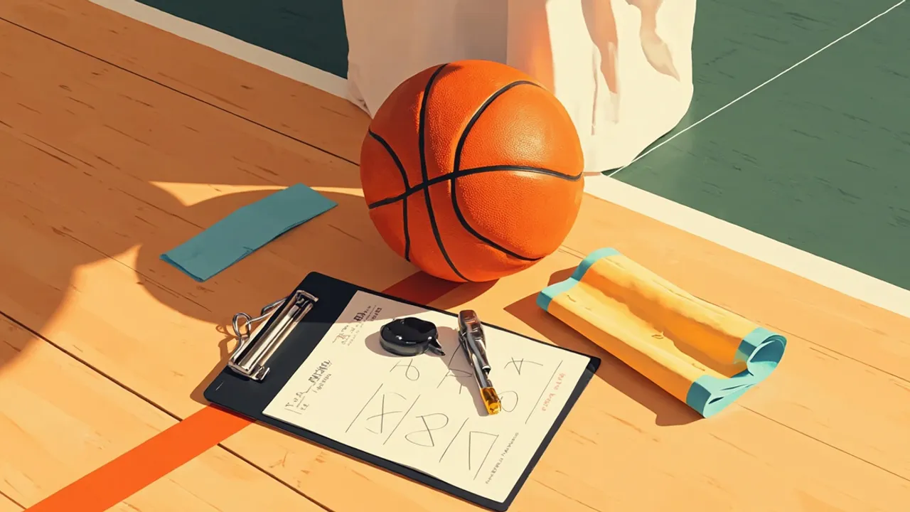 Still life on top wooden basketball court: ball, clipboard with X and O marks, whistle, and plain coaching jersey wey hang for hanger.