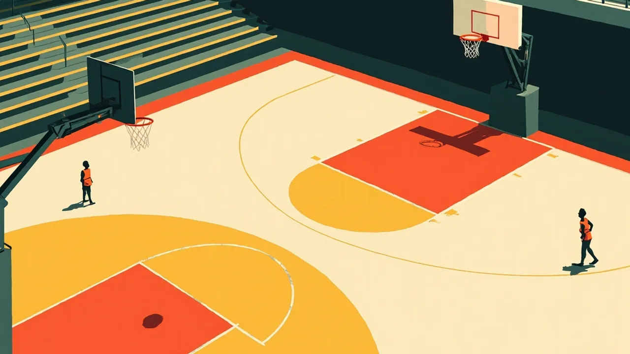 Un demi-terrain de basketball 3x3 en salle vu du dessus, avec un seul panier, des lignes d'arc peintes et deux petites joueuses sans visage en maillots vert et blanc sous des lumières de salle brillantes.
