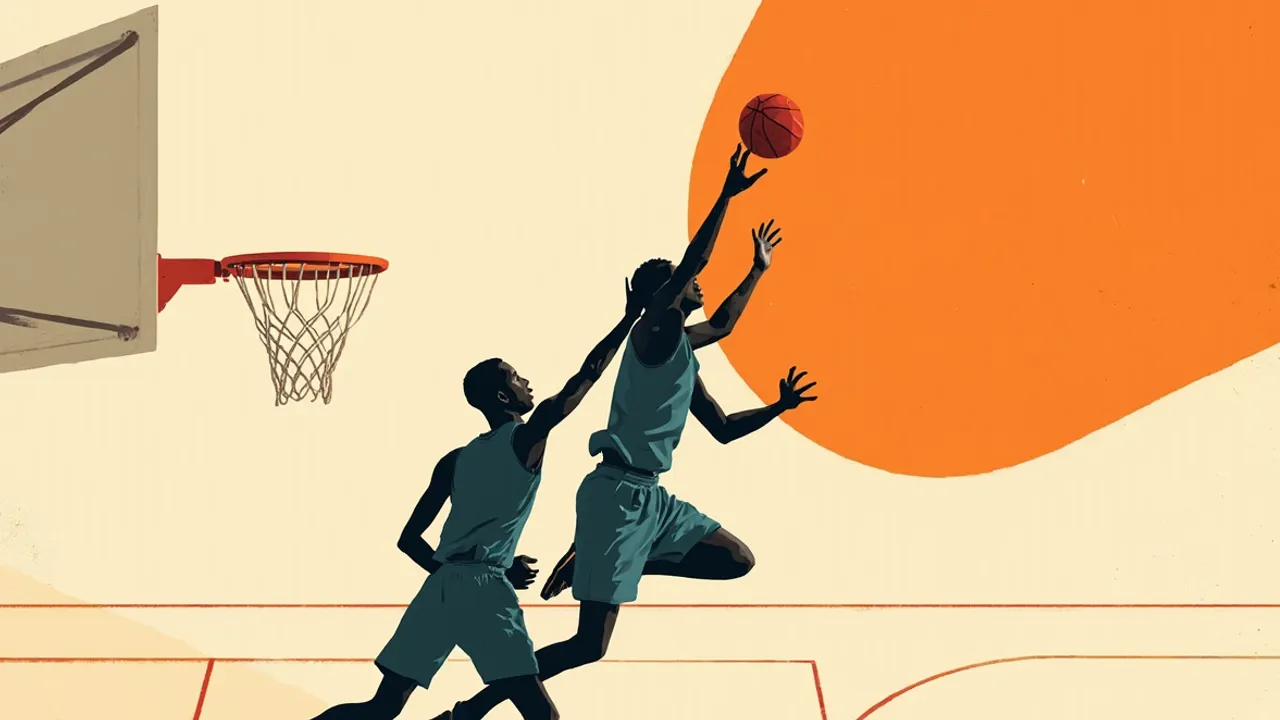 Four faceless silhouettes play basketball on a court as one leaps to contest a jump shot near the rim.