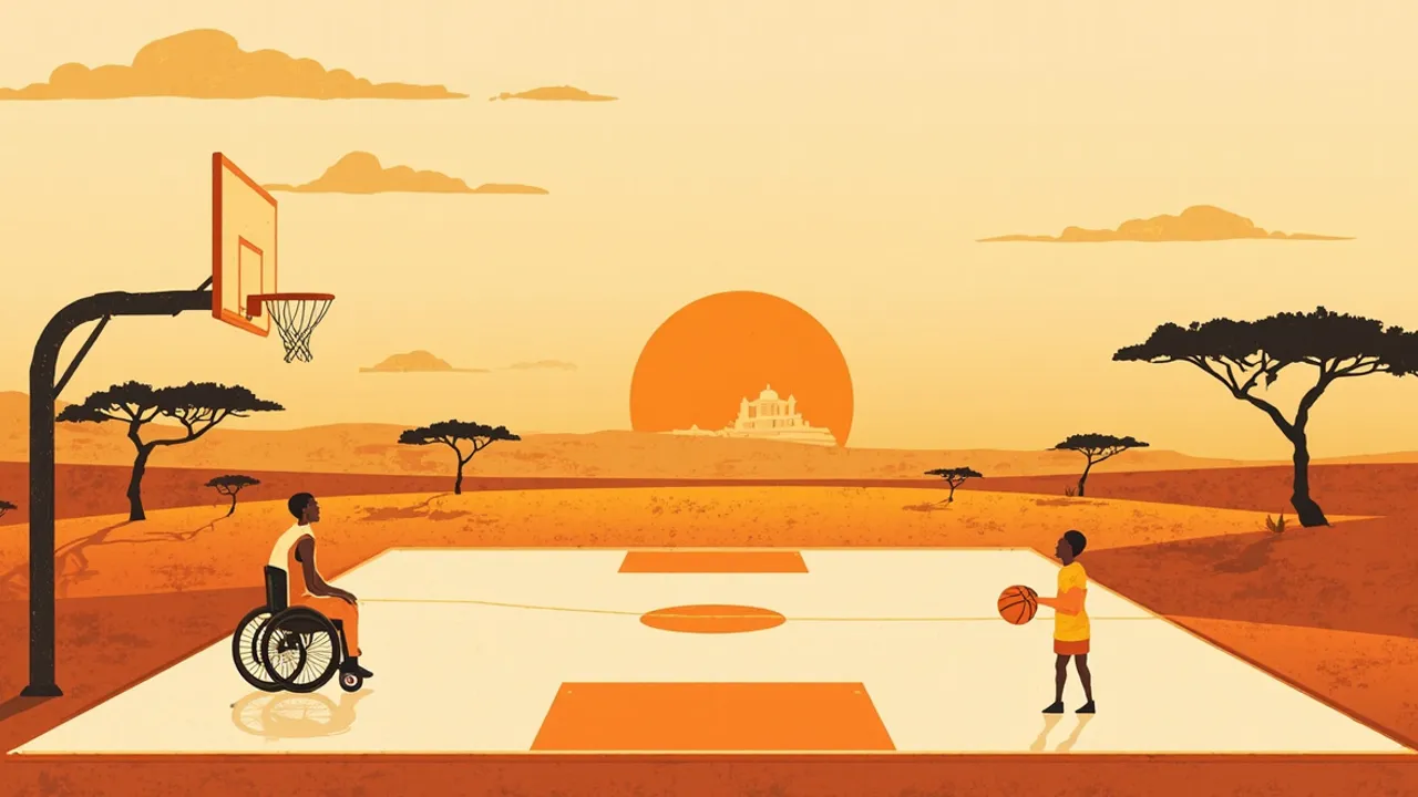A savanna landscape with an outdoor basketball court where a wheelchair user and a standing child share a single ball beneath a hoop at golden hour.
