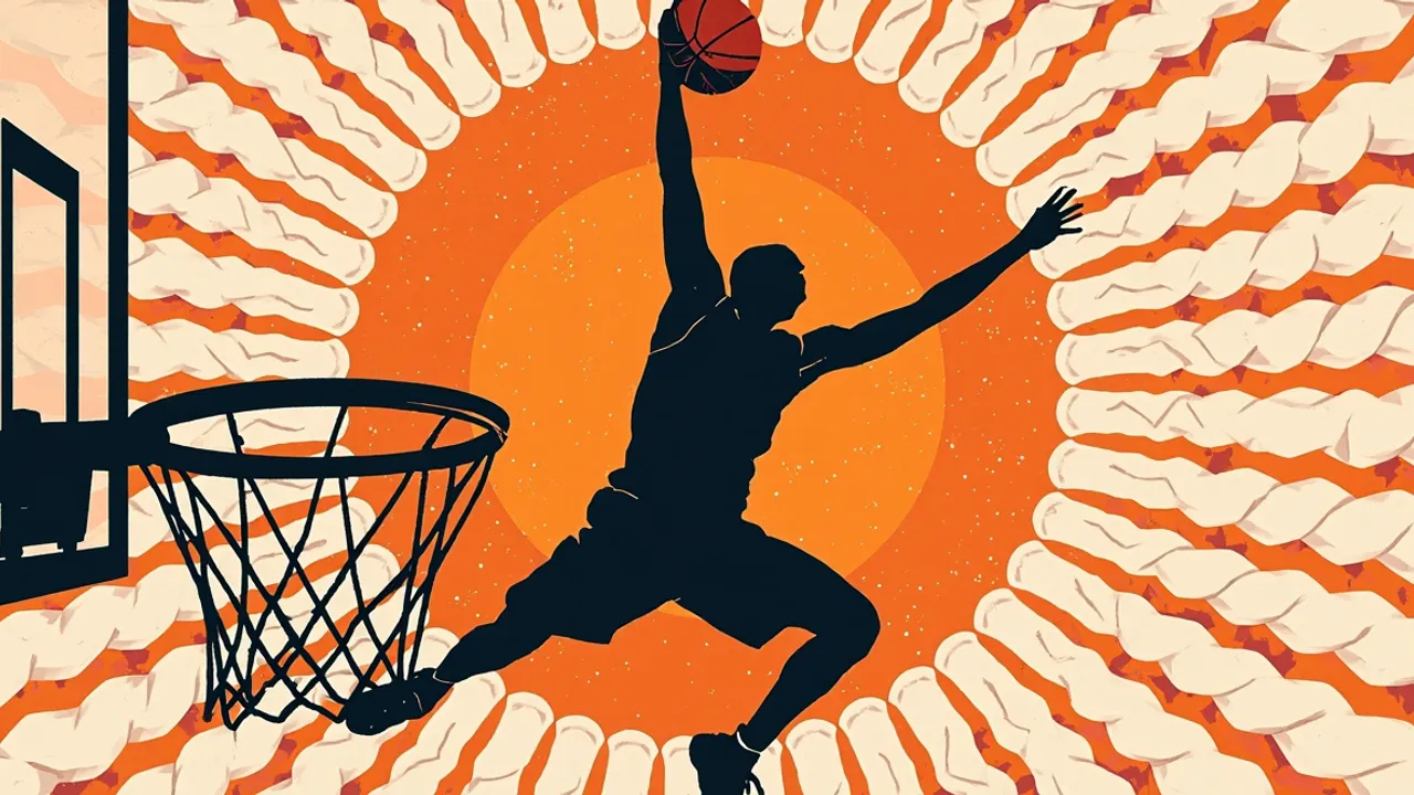 A tall faceless silhouette dunks one basketball through an orange rim and net, set against a colourful patterned background evoking an offseason leap.
