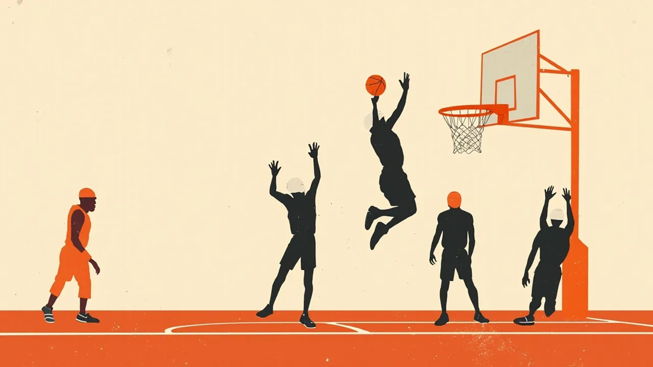 A tall faceless silhouette dunks a basketball through the hoop over a defender on a brightly lit indoor court, with two more silhouettes watching.