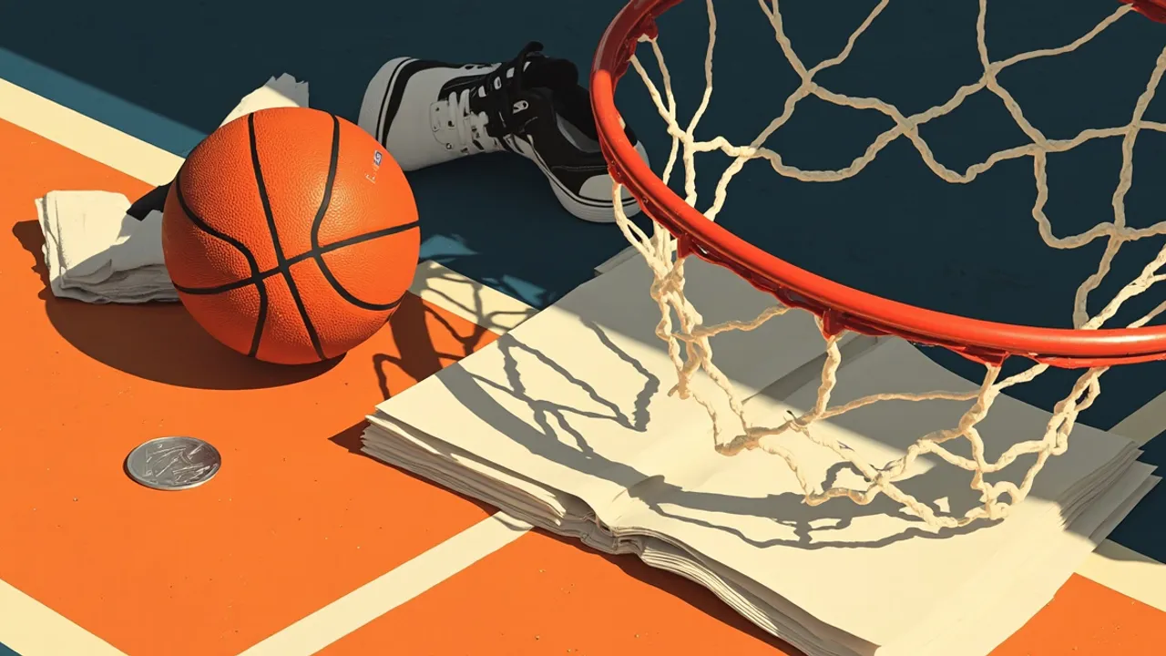 Still life for wooden basketball court: orange ball ontop folded towel, clipboard wit Xs and Os, white sneakers wey dem never tie, whistle, and net wey hang.