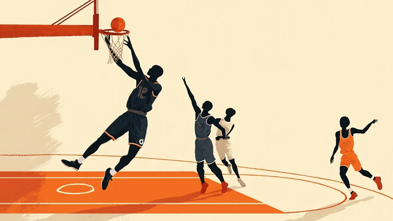Three faceless silhouettes on a court, one leaping to grab a rebound under the hoop, illustrating an expanded starting role amid an injury absence.