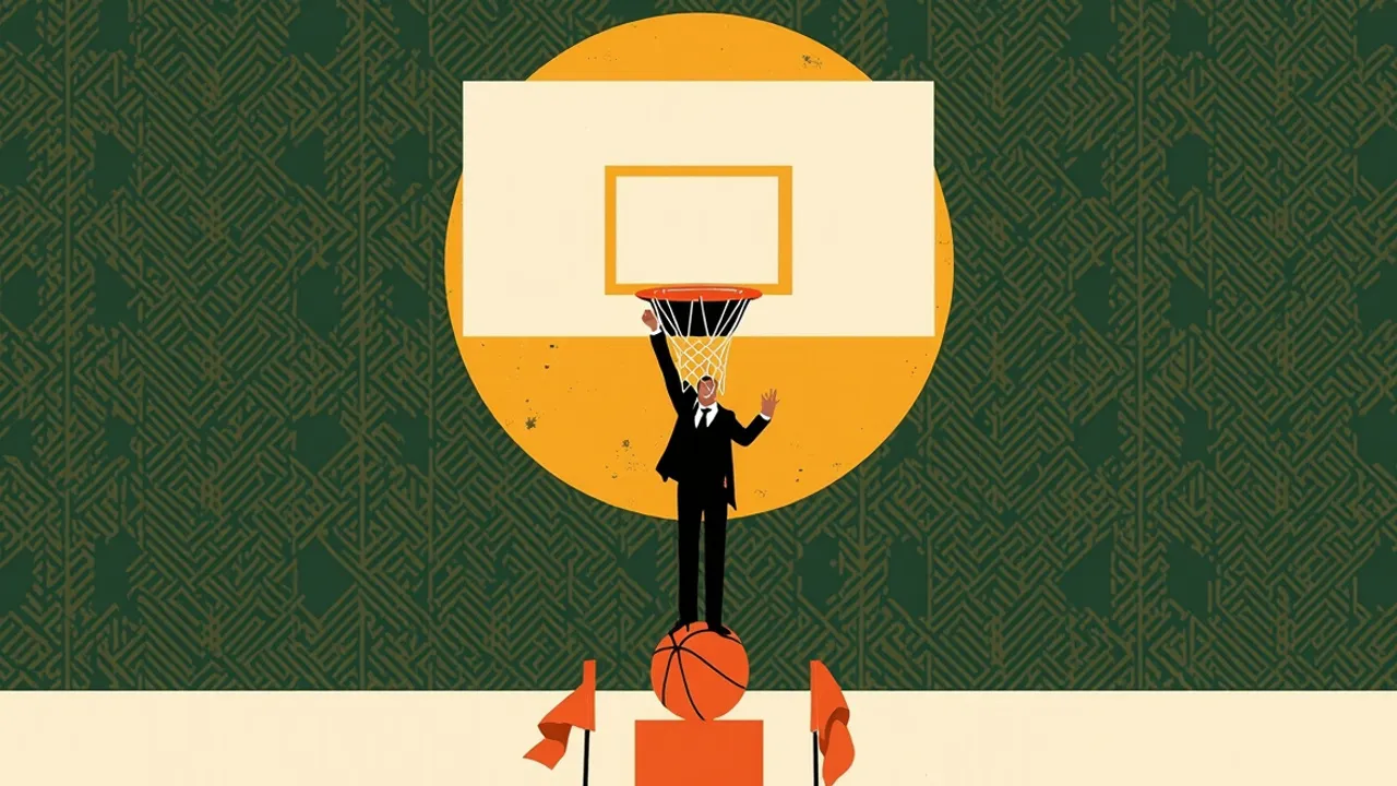 One stylized basketball hoop with one faceless figure wey dey raise one arm beside one single basketball, e dey against one green geometric pattern wey dey suggest national celebration.