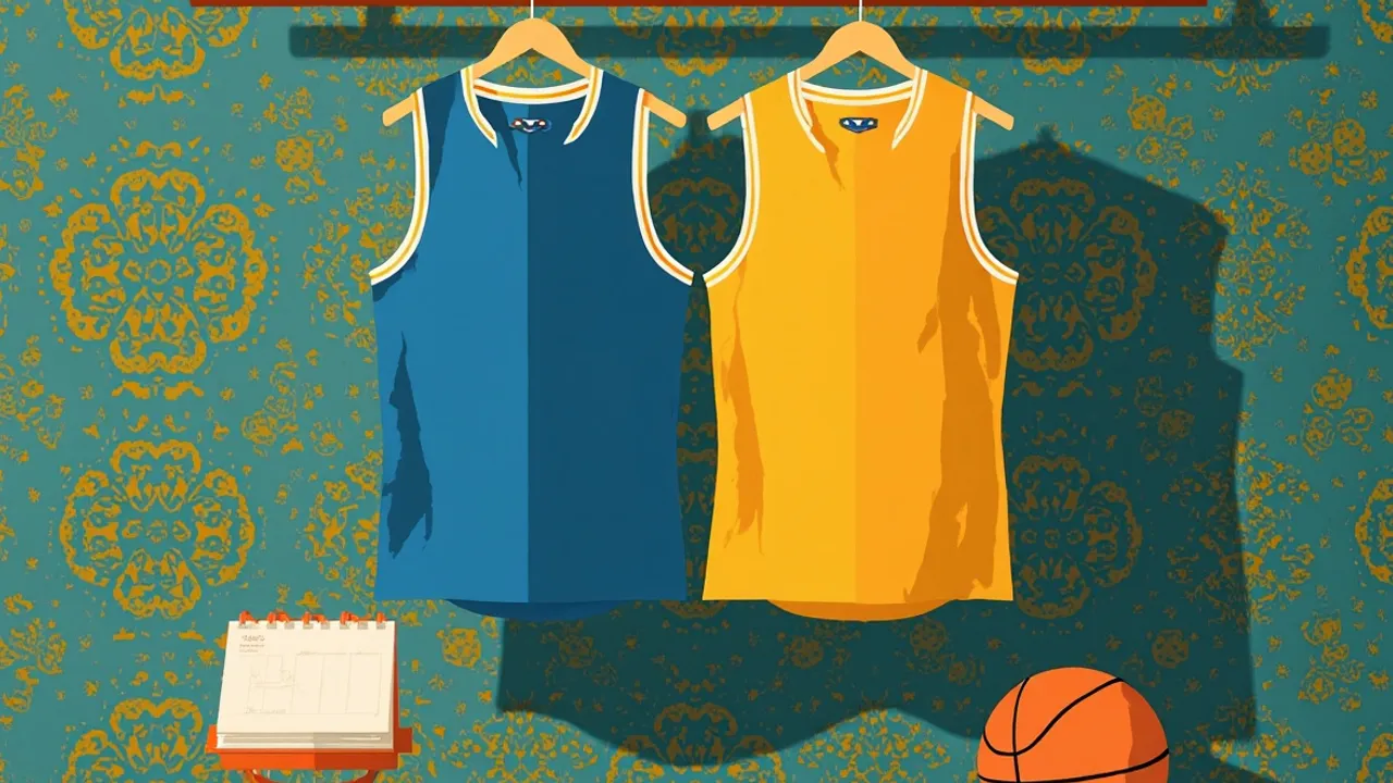 Two identical blue-and-yellow basketball jerseys hang side-by-side on a wooden rack over a patterned teal background, with a single basketball resting on a stool below, visualising a postponed league