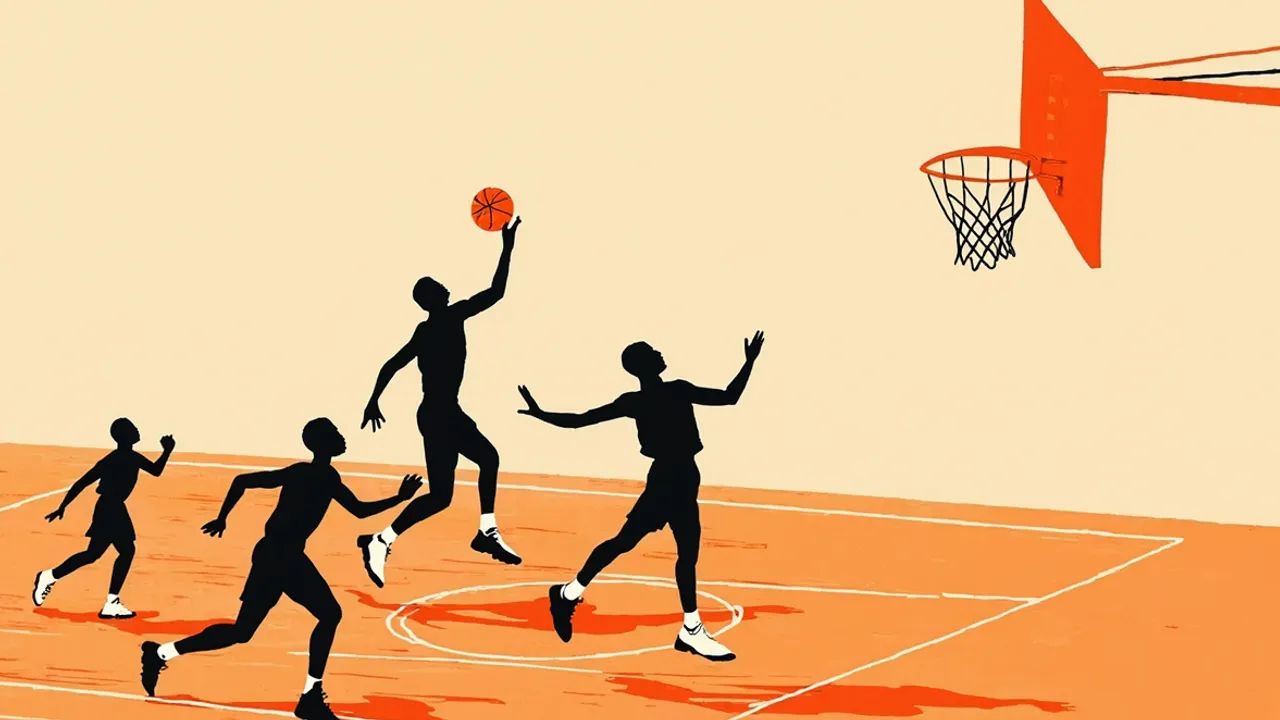 Flat silhouettes of players for one decisive basketball moment: one jump shot dey go toward di hoop during one women's league game, wit defenders dey contest for lined court.