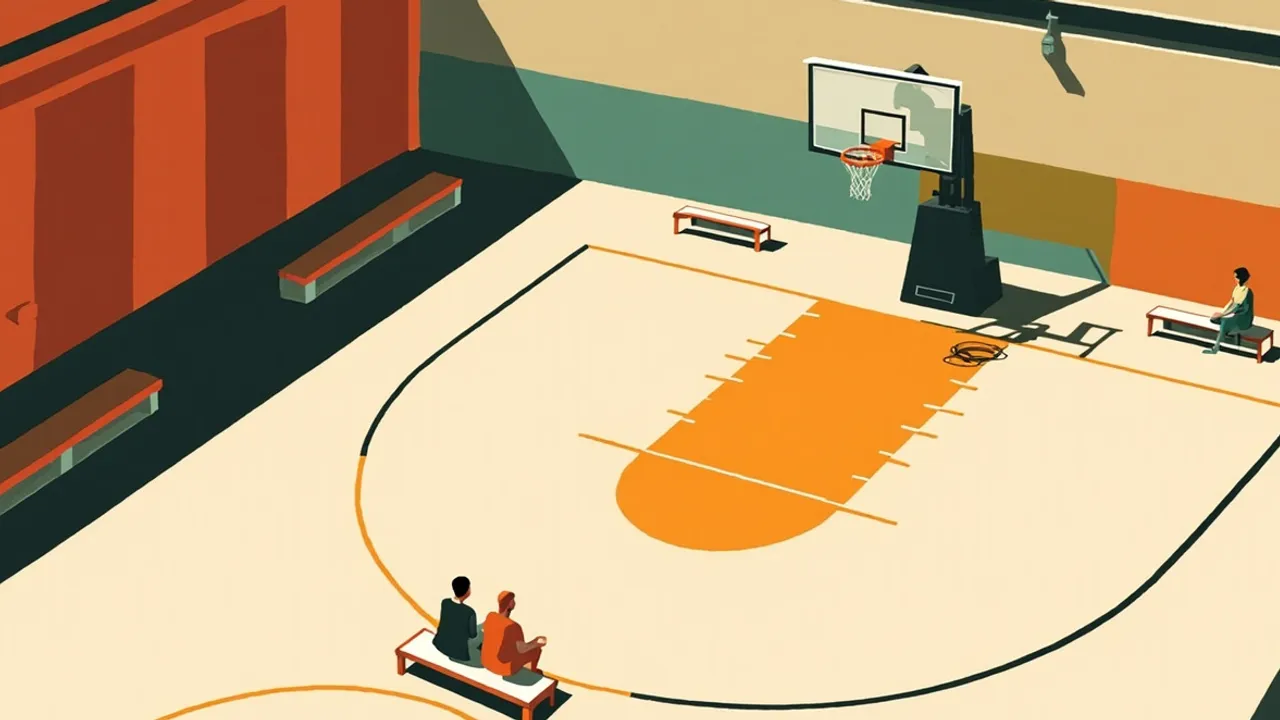 Vue en contre-plongée depuis dessous le panier d'un terrain de basketball intérieur, un ballon tombant à travers le filet, deux silhouettes anonymes au loin sur le parquet.