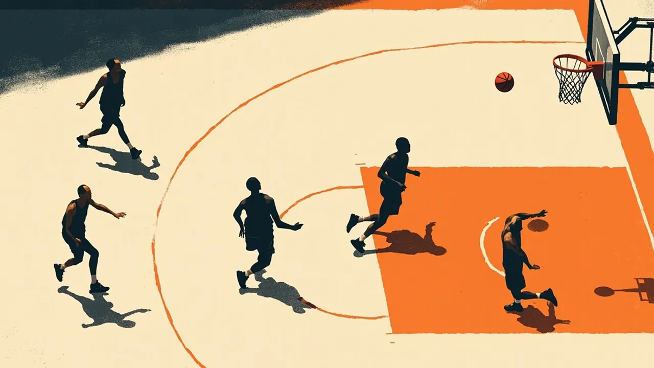 Quatre silhouettes sans visage dans un moment tendu de play-off de basket, l'une s'élevant vers le panier avec le ballon, les défenseurs se rapprochant, lignes du terrain visibles.