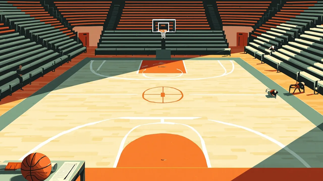 Empty indoor basketball arena wey dem see from di stands, with unused scorer table and folded towel ontop bench, wey show say game don postpone.