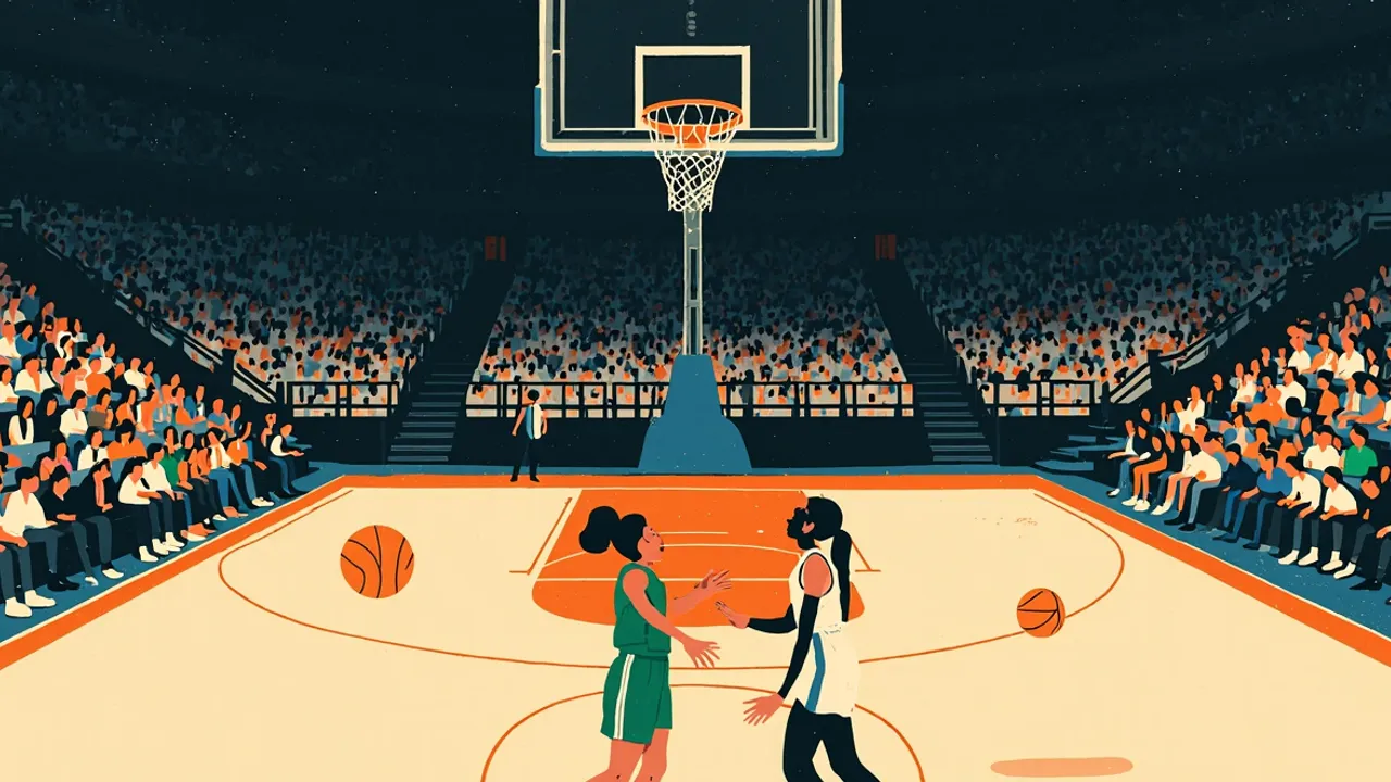 Low-angle view from behind a glass backboard inside a packed indoor arena, two faceless female silhouettes facing off under the hoop as a basketball hangs above the rim.