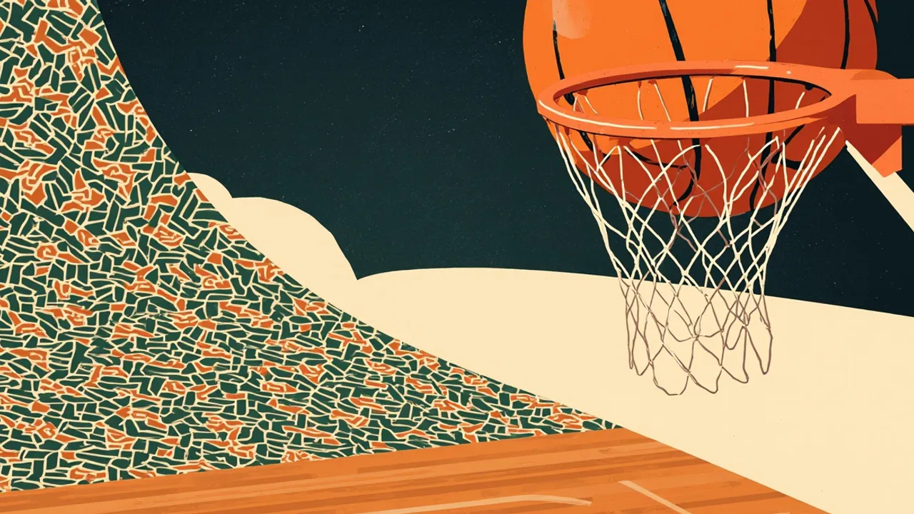 A large basketball drops through a rim with a stretched net over a patterned court floor, evoking a decisive final-quarter score.