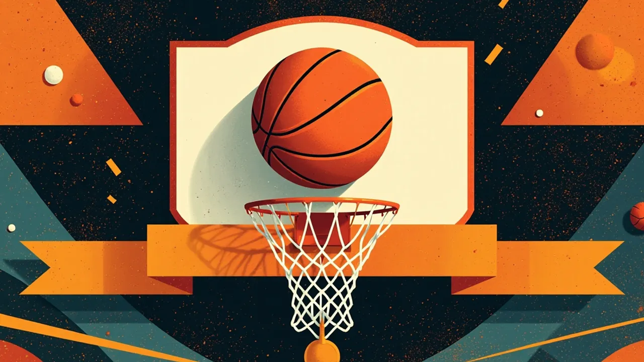 A bronze basketball drops through a hoop above a medal, framed by bold African-inspired geometric patterns.
