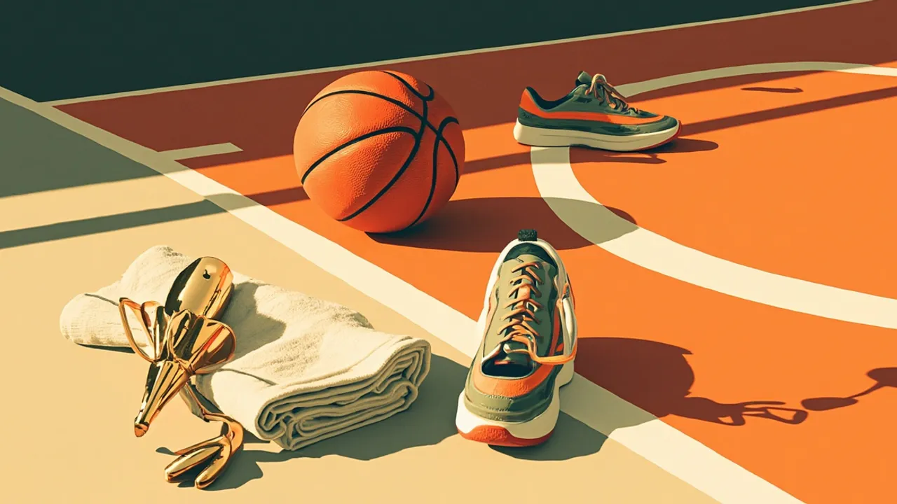 A basketball, trophy, towel, and court shoes arranged on hardwood to celebrate a final berth.