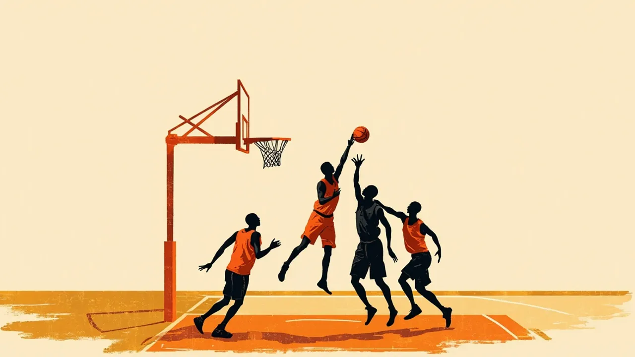 Four silhouettes battle under the hoop as a close shot reaches the rim on a marked indoor court.