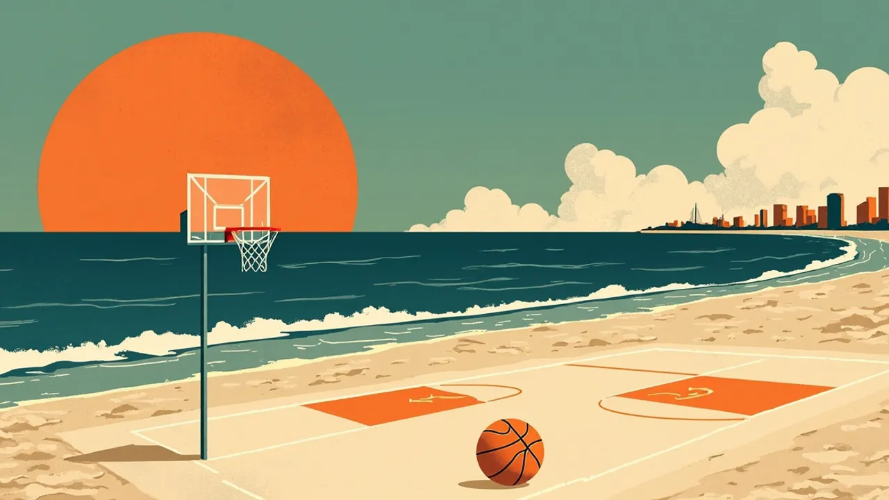 A coastal port landscape at dawn with a large basketball rising over the sea and a half-court with a hoop set into the sand beside a low-rise skyline.