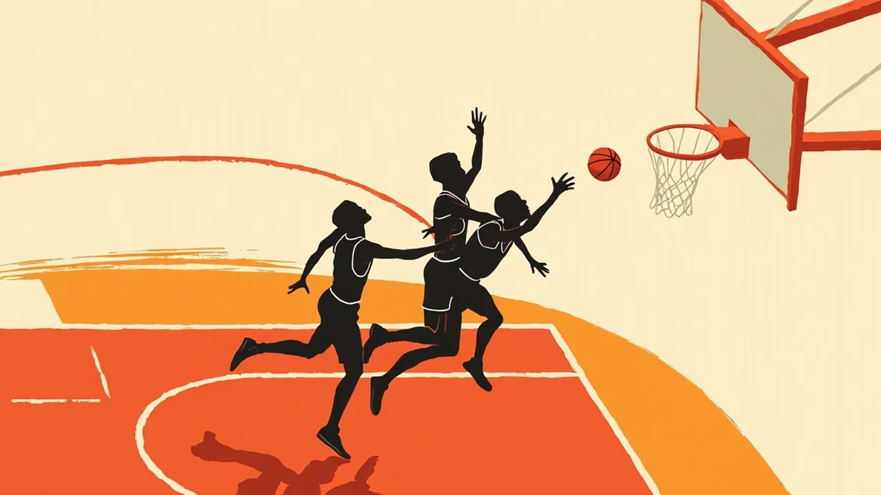 Three faceless silhouettes contest a fast-break layup toward the rim on a brightly lit indoor court, capturing the decisive qualifier moment.