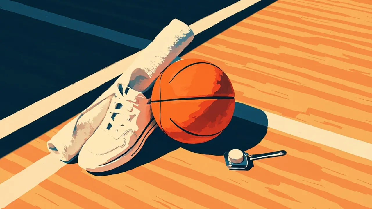 Nature morte sur un terrain de basketball : un seul ballon orange sur le parquet, accompagné d'une sneaker blanche, d'une serviette enroulée et d'un sifflet en métal.