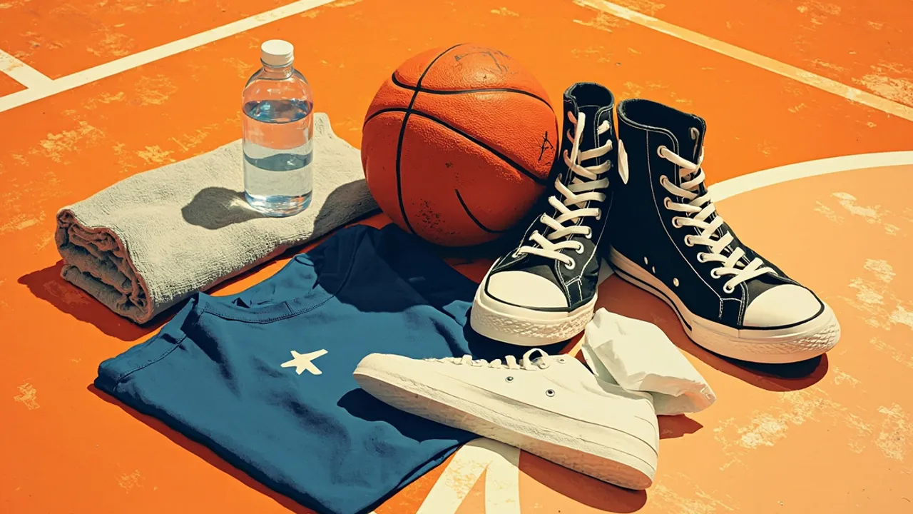 Une nature morte sur un parquet en bois : un ballon de basket à côté de baskets inutilisées, une serviette, une bouteille d'eau renversée, un maillot bleu plié et une poche de glace, évoquant le repos et la récupération.