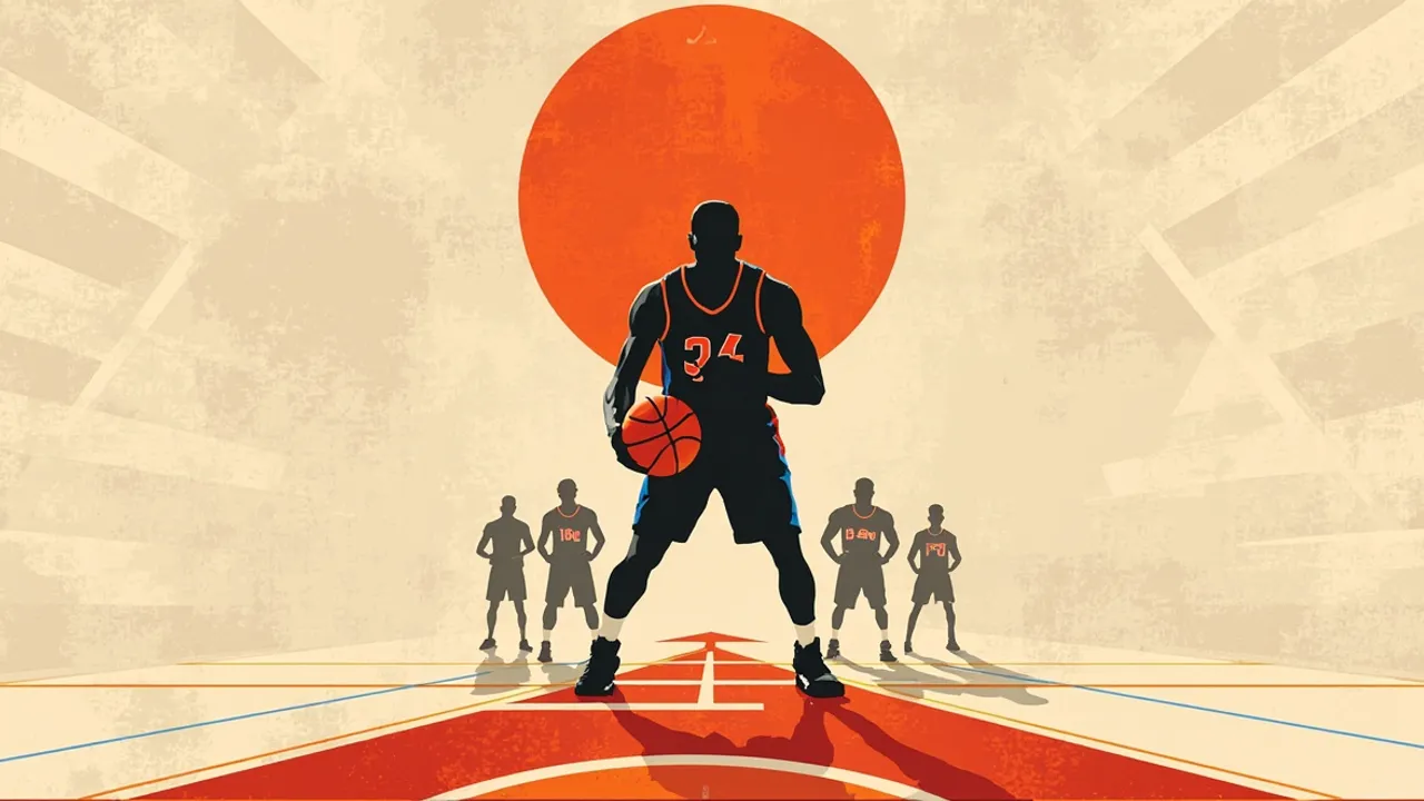 A central faceless basketball player silhouette holding a ball, with a forward arrow and four smaller teammate outlines, illustrating a clear starting role.
