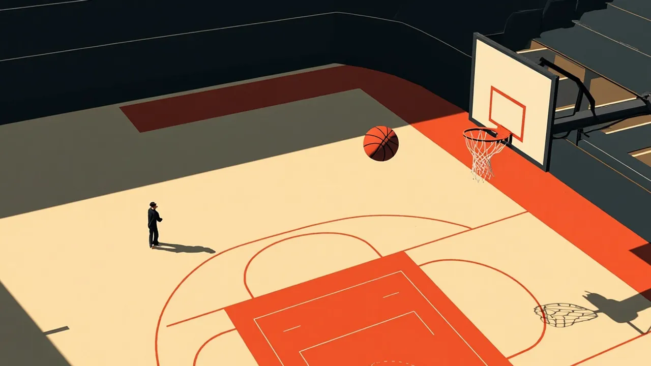 Bird's-eye view of an empty indoor basketball court with one ball near the hoop, an aircraft shadow crossing the floor, and two tiny silhouettes by the scorer's table.