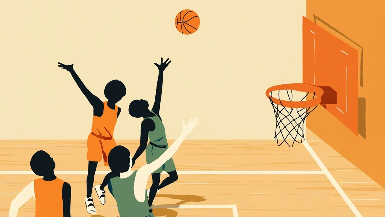 Flat faceless silhouettes dey contest jump shot near rim for marked basketball court, with one ball mid-flight toward the hoop.