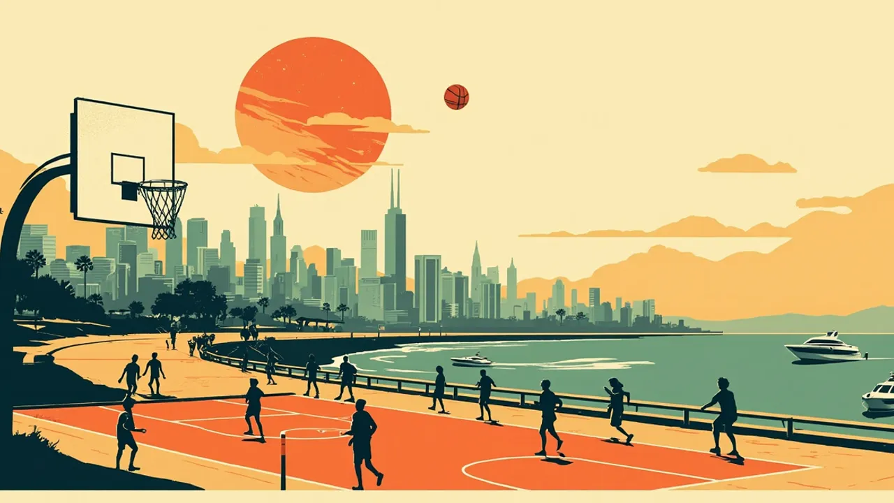 Stylised coastal skyline with an outdoor basketball court in the foreground, an orange ball arcing above the rim, silhouettes of youth players, and sleek boats on the water.