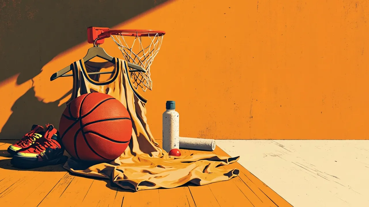 Still life on a hardwood floor: a basketball beneath a hanging empty jersey, paired with untied sneakers, a water bottle, a rolled towel, and a severed net on a rim above.