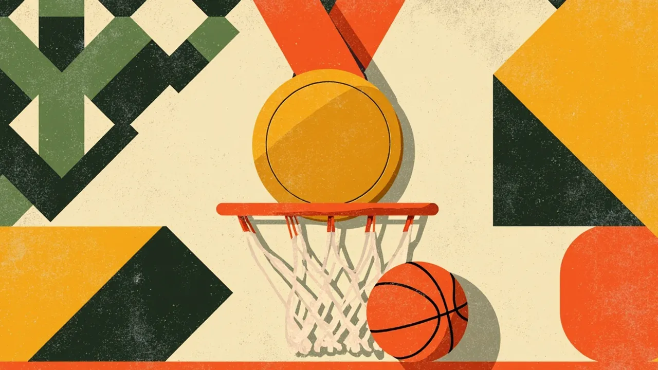 Une illustration audacieuse de style emblème : une médaille d'or avec un ruban rayé drapé sur un panier de basket et son filet, un ballon à sa base, le tout sur un motif géométrique de textile africain en vert, jaune