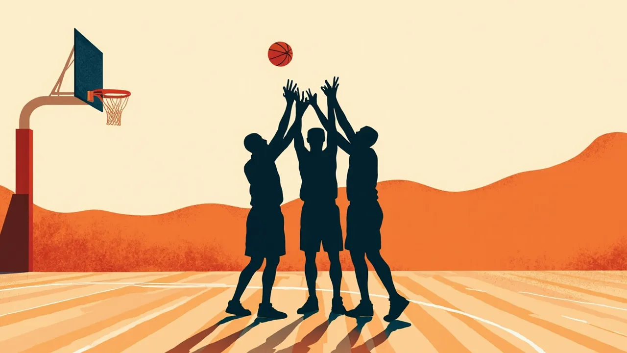 Three faceless silhouettes in green and white huddle at center court of a basketball gym, hands meeting over a single basketball beside a hoop.