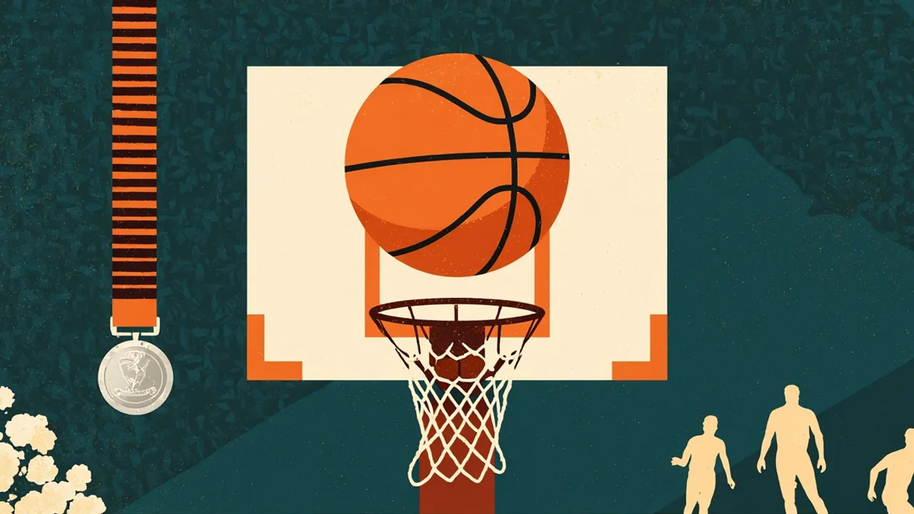 Un ballon de basket-ball traverse un panier à côté d'une médaille suspendue, sur un fond de textile à motifs évoquant une compétition sportive africaine.