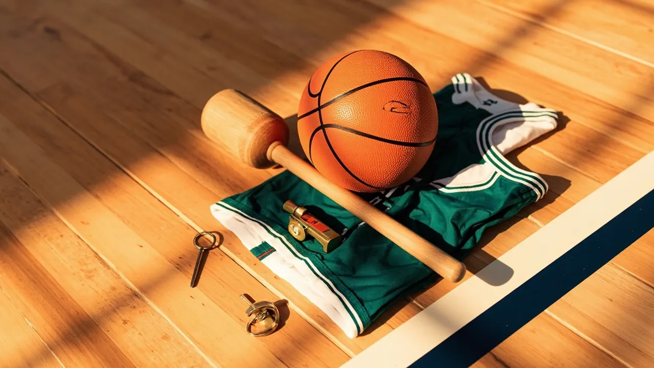 Nature morte sur un plancher en bois : un ballon de basketball posé sur un petit marteau, à côté d'un maillot plié vert et blanc, d'un sifflet et d'une clé en laiton.