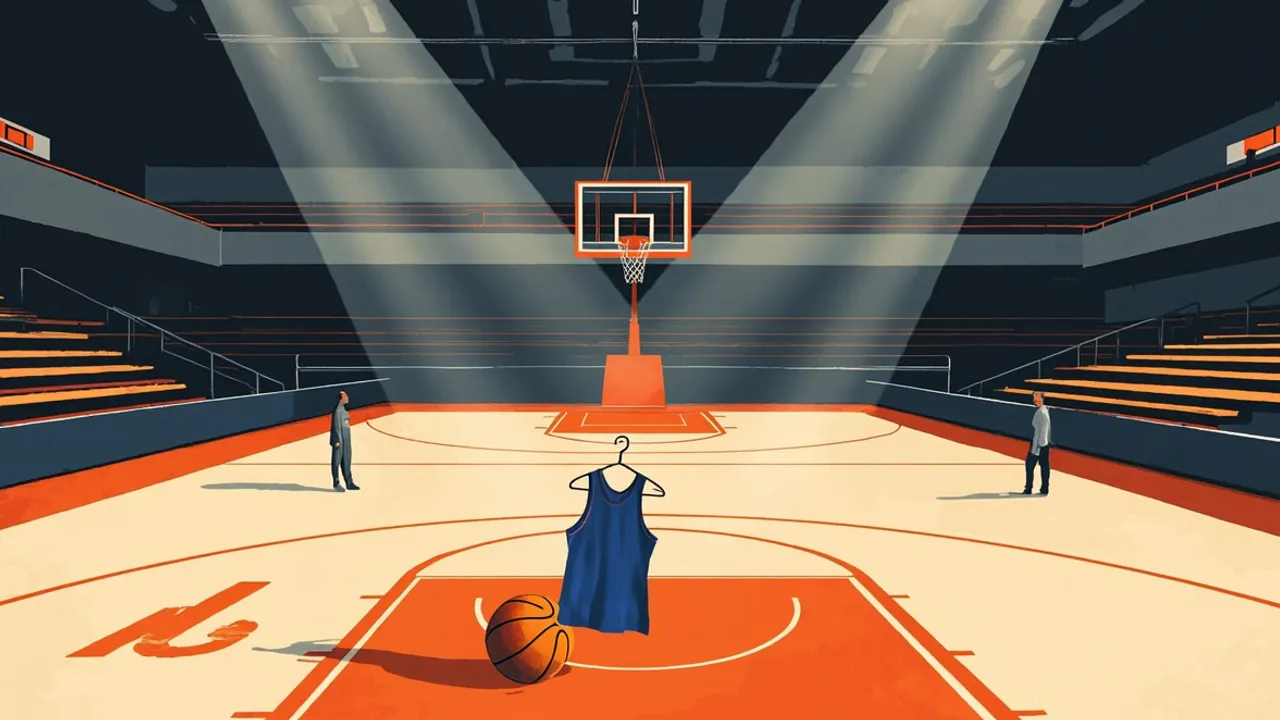 Vue intérieure d'une salle de basketball depuis derrière le panneau, avec un maillot bleu sur un cintre et un ballon de basketball posé au cercle central du terrain.