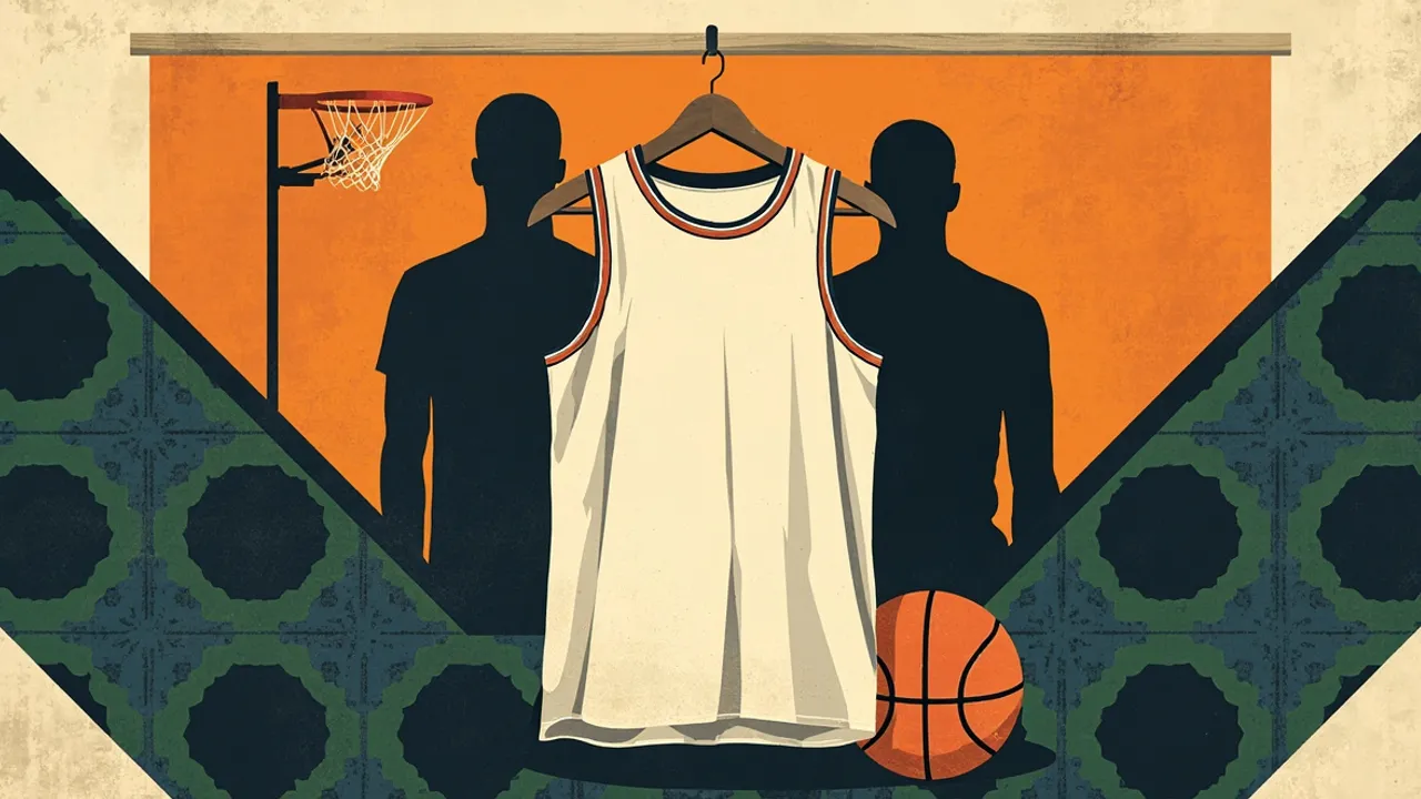 A blank basketball jersey on a hanger flanked by two dark figure silhouettes over a green geometric pattern, with one basketball below.