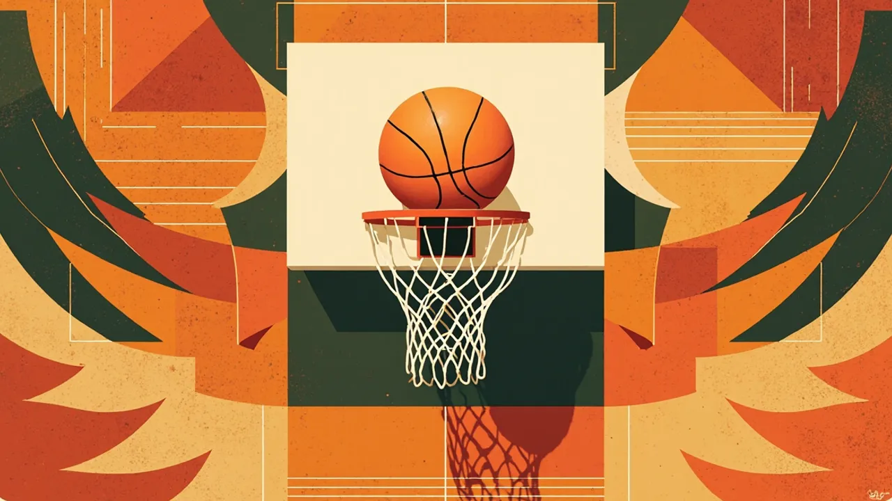 A bold central illustration of one basketball dropping through a hoop and net, framed by an African textile-inspired geometric pattern in warm amber and green tones.