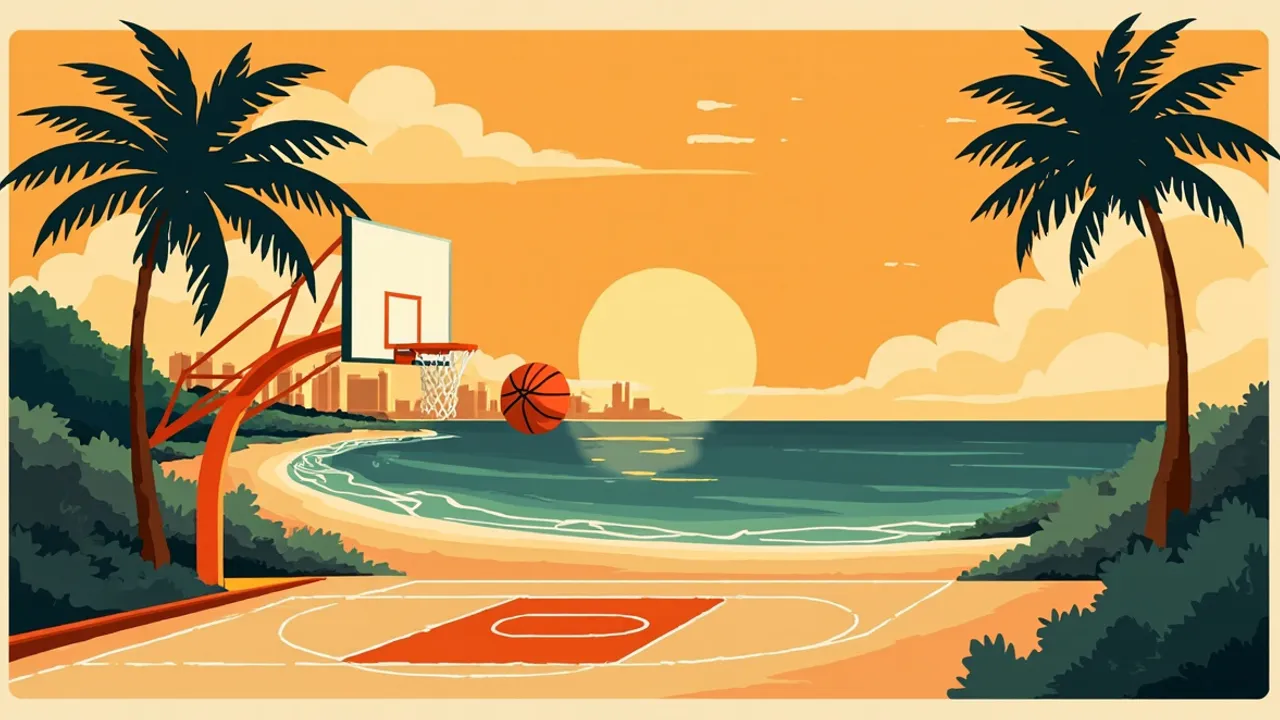 A coastal city skyline at dusk with a basketball court in the foreground, a single ball rising above the hoop like a sun.