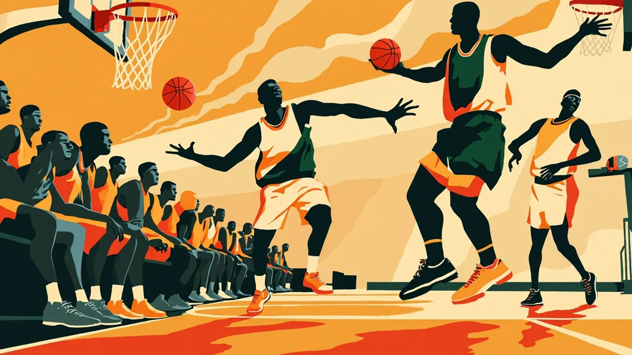 Silhouettes plates sans visage regroupées sous un panier sur un terrain de basketball, un ballon traversant le filet lors d'une action en fin de match.