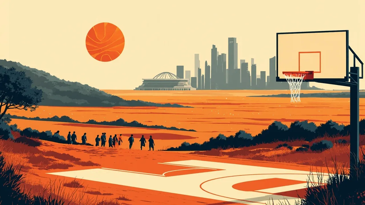 Un vaste paysage de savane avec un demi-terrain et un panier au premier plan, douze joueurs sans visage posés en arc de formation, et un ballon de basket géant se dressant derrière une ligne d'horizon d'arène au loin.