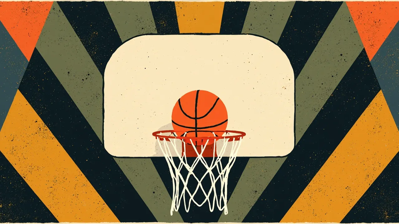 Illustration de type emblème représentant un ballon de basket passant à travers un panier et son filet, centrée sur un motif géométrique vert, or et noir, évoquant la victoire surprise d'une équipe nationale africaine.