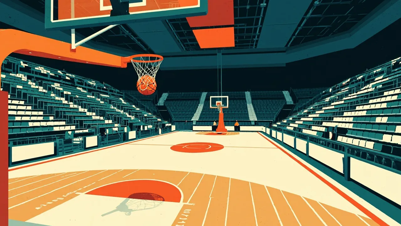 Vue aérienne d'un terrain de basketball intérieur éclairé avec un seul ballon au cercle central et deux silhouettes sans visage sur le point de procéder au entre-deux.