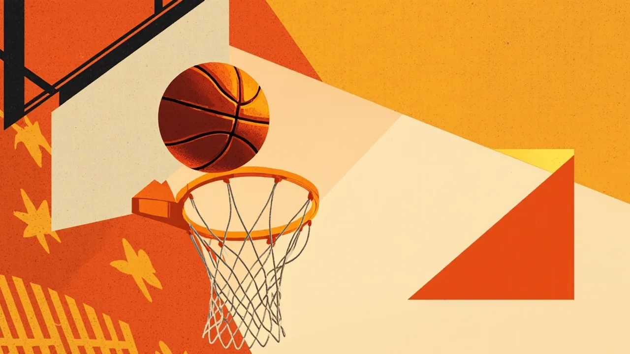 A basketball drops through a hoop against a patterned African sunset background, the rim above a split silhouette suggesting a lopsided halftime score.